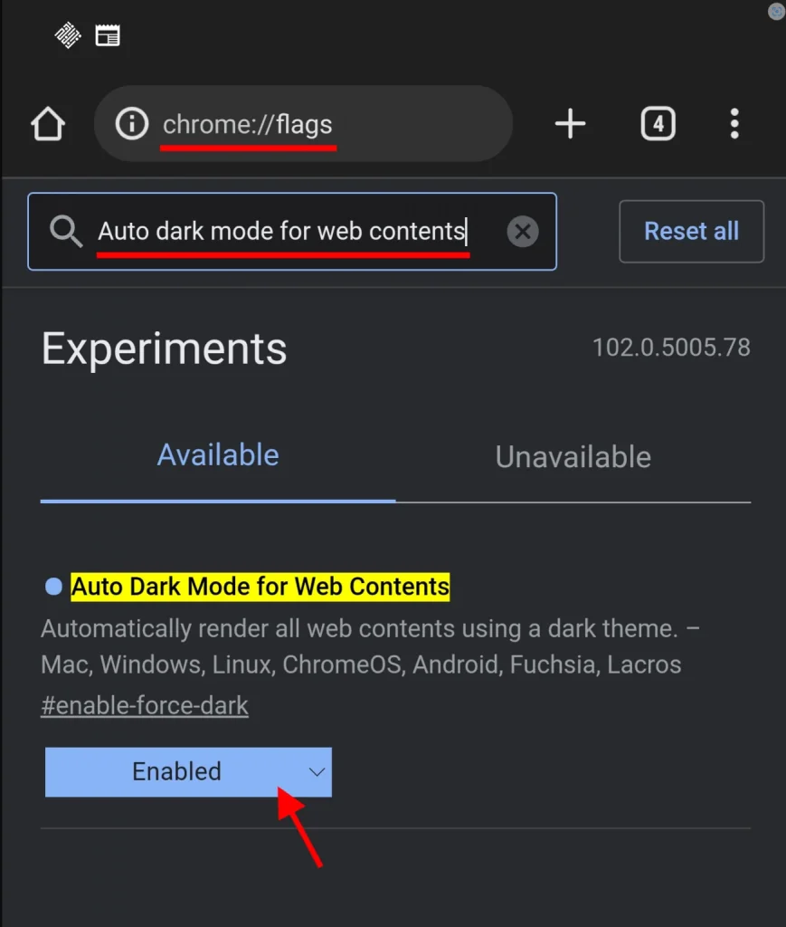 hidden Chrome settings on Android - Auto Dark Mode for Web Contents