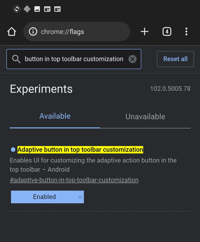 hidden Chrome settings on Android - Adaptive button in top toolbar customization function 