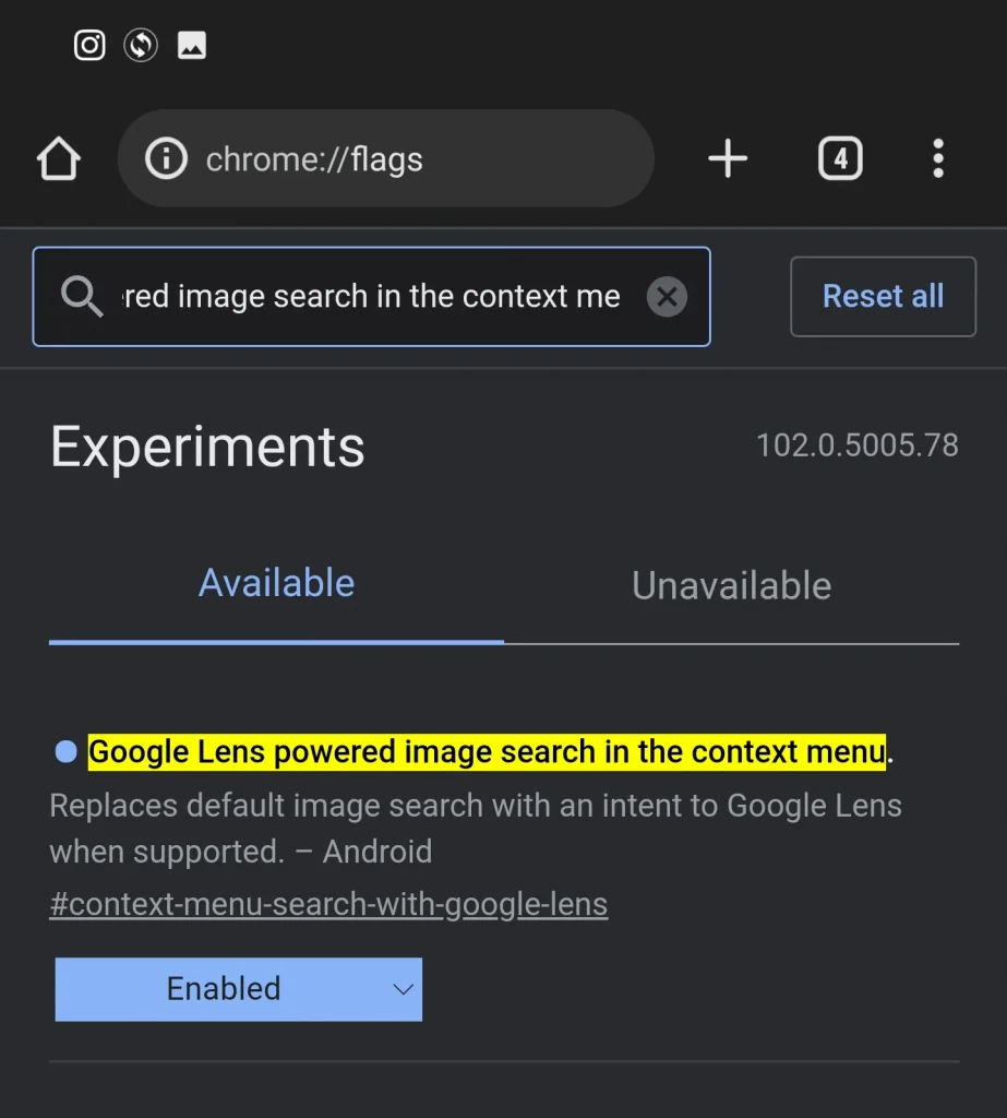hidden Chrome settings on Android - Google Lens powered image search in the context menu