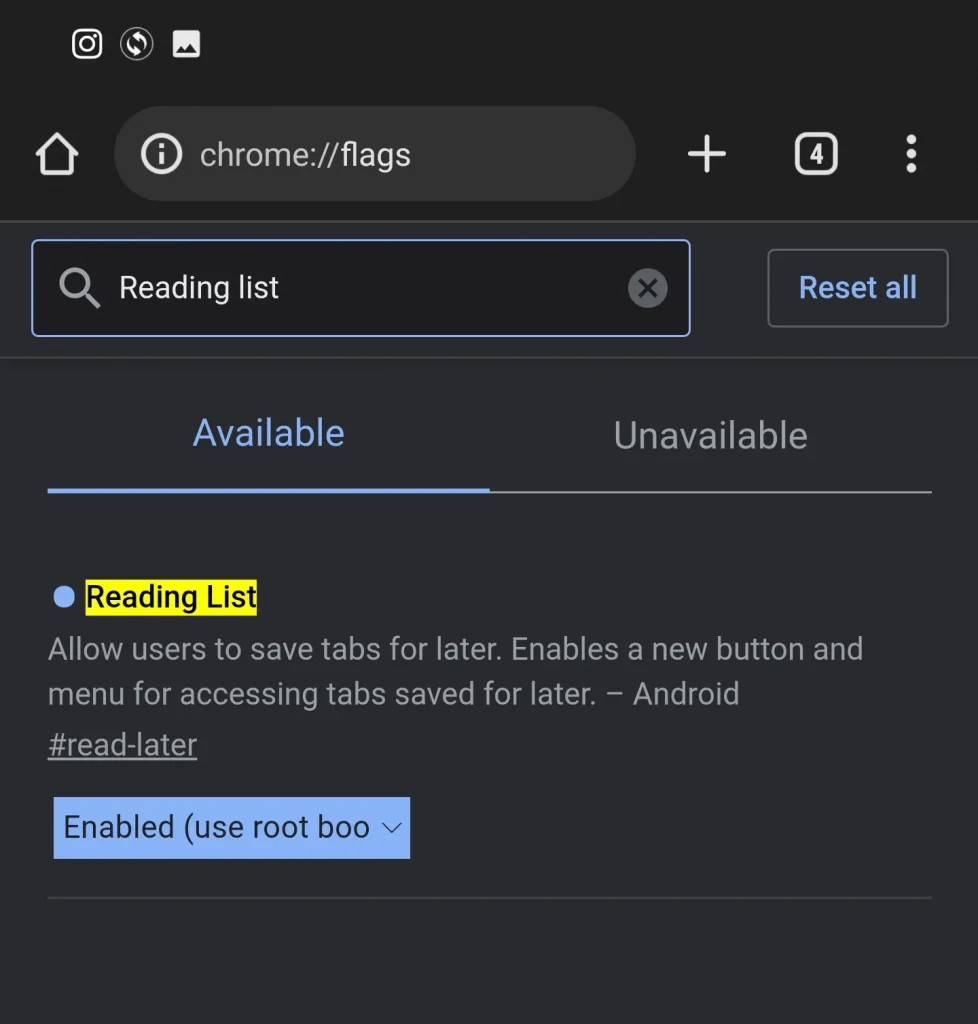 hidden Chrome settings on Android - Reading list function 