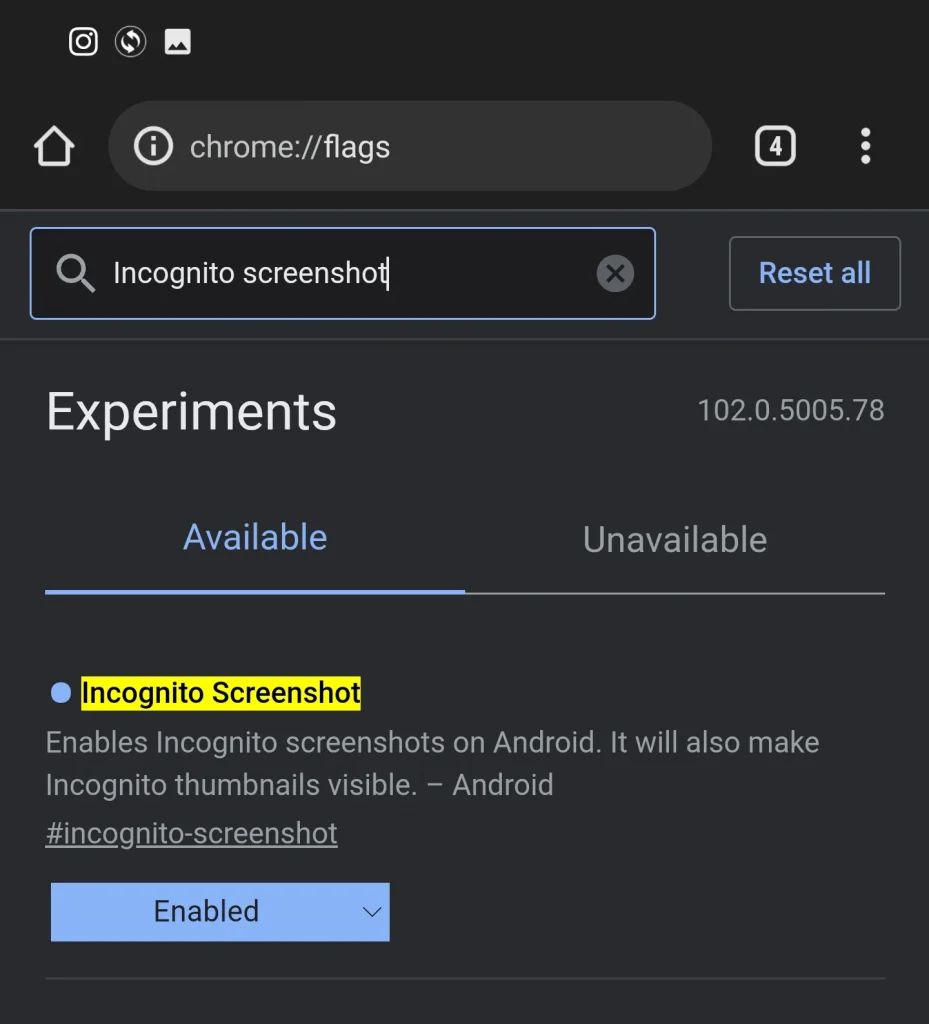 hidden Chrome settings on Android - Incognito Screenshot function