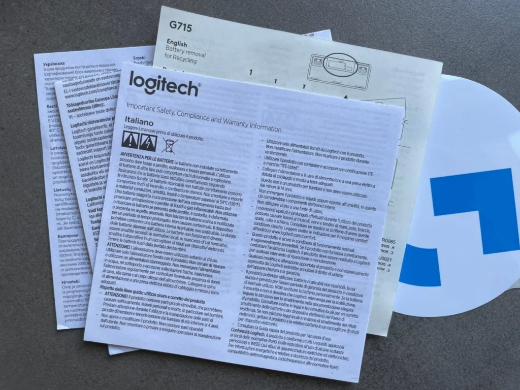 Logitech G715 wireless keyboard In the box Contain : Documentation