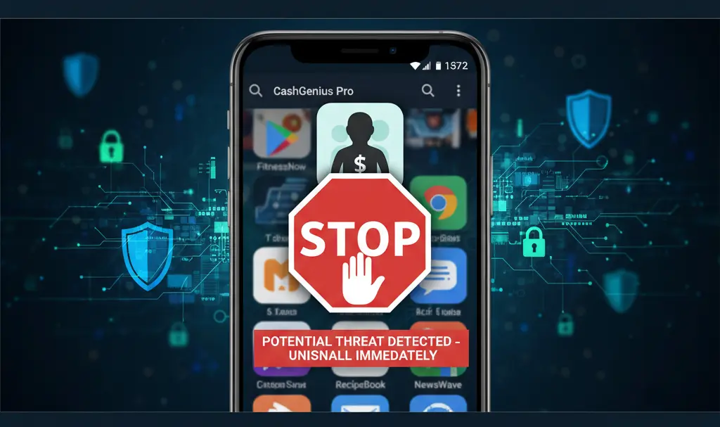 Image showing Warning sign over a fake app icon on a smartphone screen, within Google Play Store