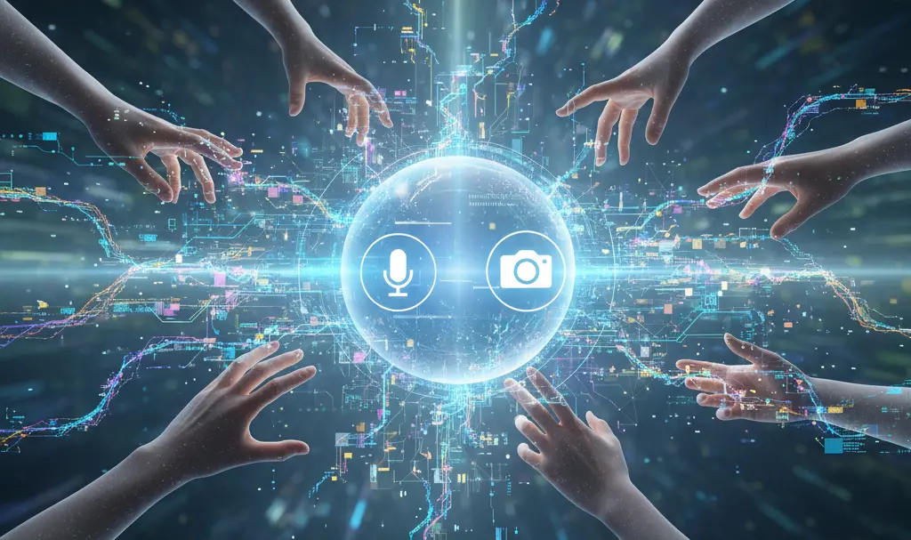 Image showing AI interacting with a holographic interface showing a search bar and a camera icon, representing voice and visual input, with diverse hands (representing global users) reaching towards it.