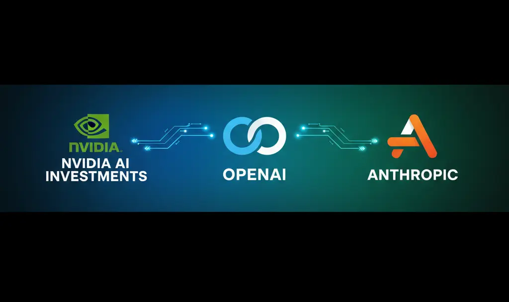 Image showing NVIDIA's strategic shift in AI investments, showing NVIDIA logo alongside abstract representations of AI models and company logos for OpenAI and Anthropic, set against a backdrop of technological complexity and financial charts.