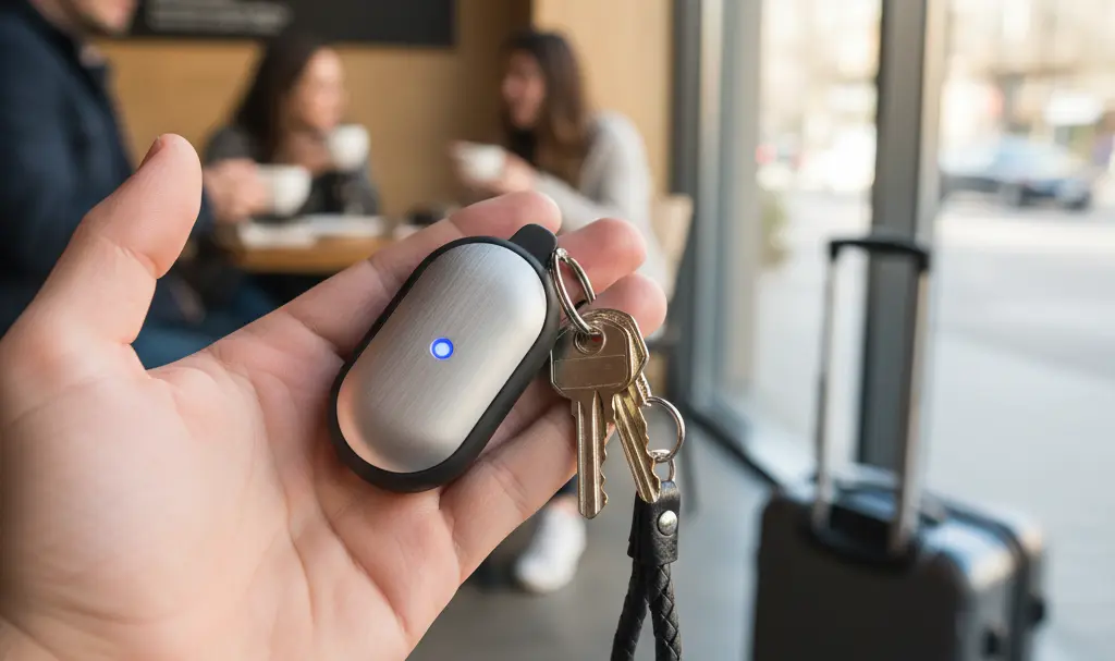 Image showing Smart Tracker Device with Keys and Travel Background