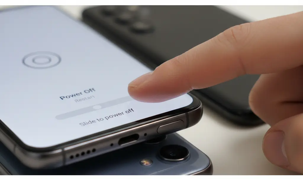 Image showing Hand pressing power button on smartphone with "Power Off" screen.