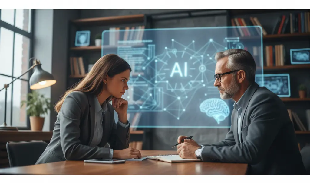 Image showing Student-Professor Oral Exam Against AI Background