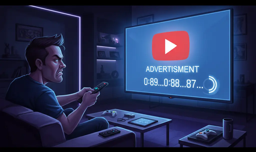 Image showing frustrated-user-youtube-unskippable-ad-tv