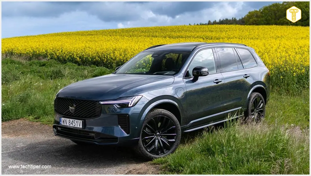 Image showing A luxurious Volvo XC90 T8 AWD Polestar Plug-in Black Edition, parked elegantly, with a hint of a scenic European road trip background. Emphasize its size and sophisticated design, perhaps with subtle touches suggesting family travel or comfort. Focus on the front and side profile of the car.