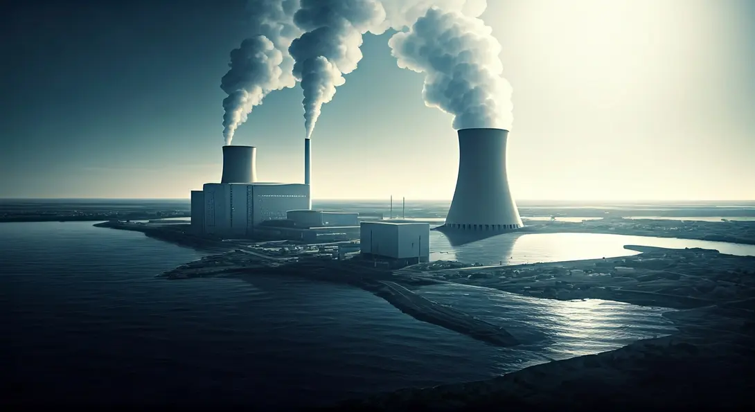 Image showing Futuristic Nuclear Power Plant in a Serene Landscape