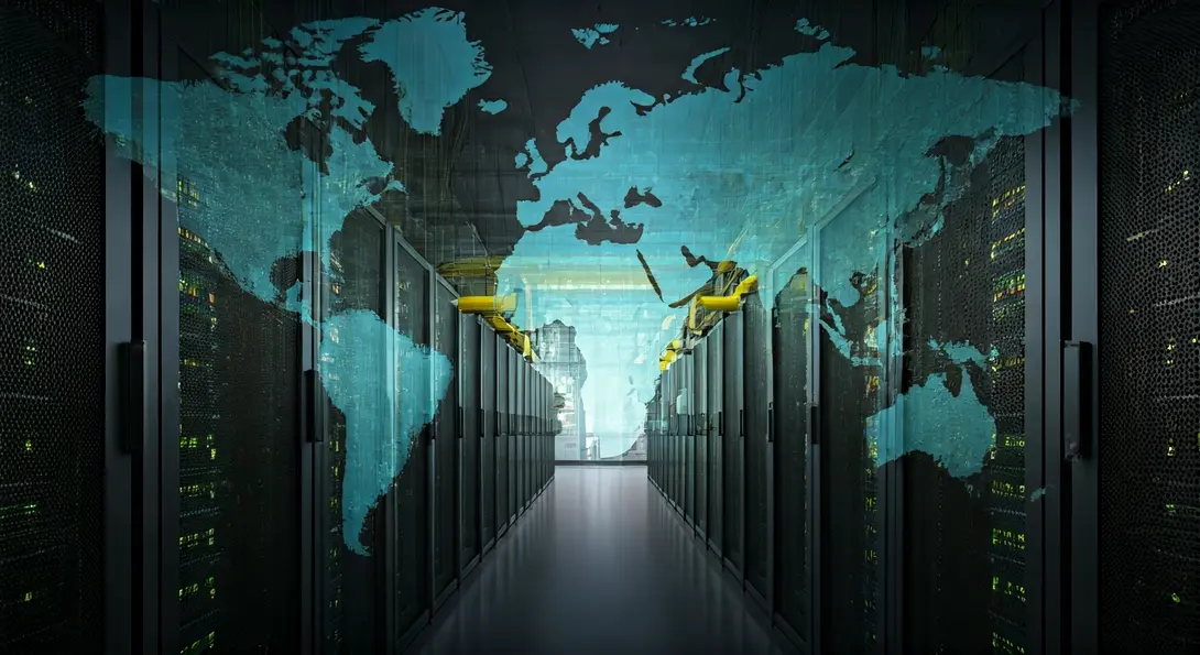 Image showing Futuristic data center with glowing servers and pipelines, with a stylized map of the US and Europe showing energy flows.