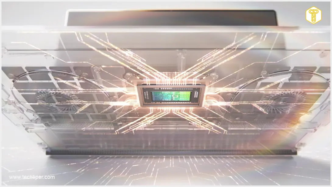 Image showing A high-resolution, futuristic rendering of NVIDIA's RTX Spark chip, showcasing intricate circuitry and glowing AI-indicator lights. The chip is set against a backdrop of a sleek, premium laptop interior, emphasizing integration. Focus on the sophisticated design and power of the superchip.