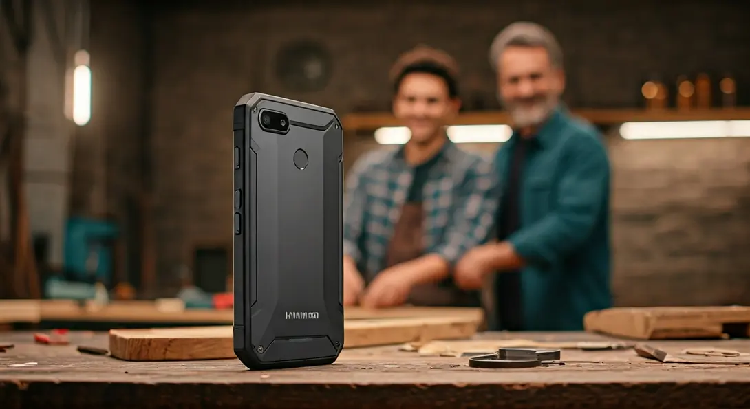 Image showing Rugged Hammer smartphone with a father and son