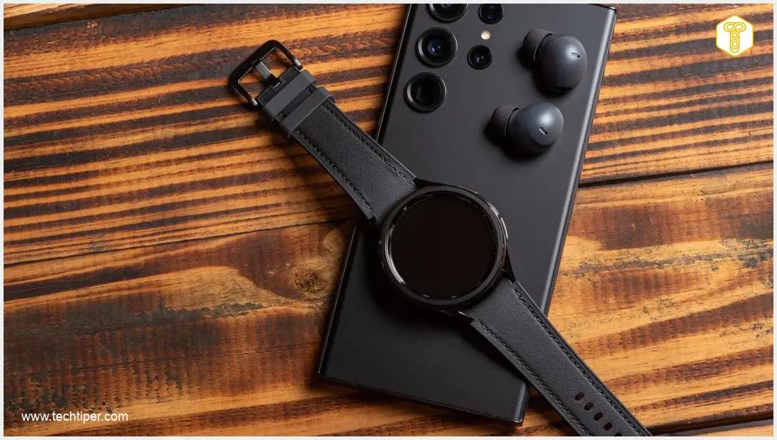 Image showing A sleek smartwatch displaying digital information on a wrist, against a blurred tech background, hinting at innovation and new features.
