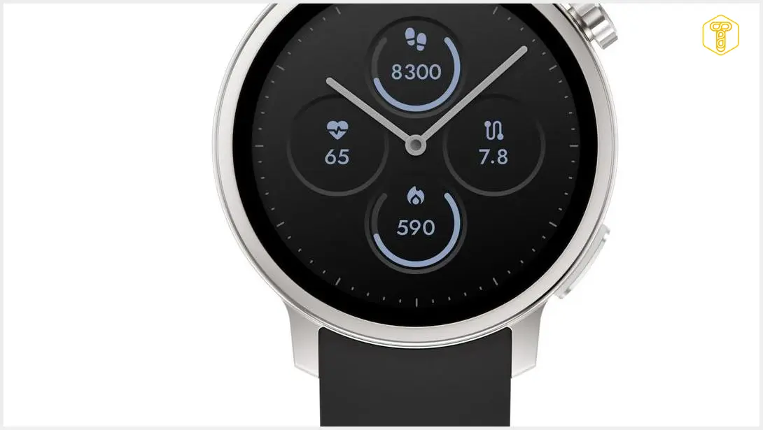 Image showing A sleek, modern smartwatch on a wrist, displaying a colorful interface that visually represents calorie intake and hydration levels, with subtle health data graphs in the background. The design should be clean and futuristic, highlighting the unique features of a Japanese-made device.