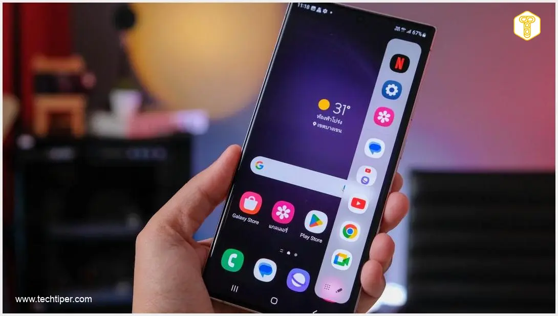 Image showing Samsung Galaxy S23 Ultra showing its camera interface with a glitched overlay.