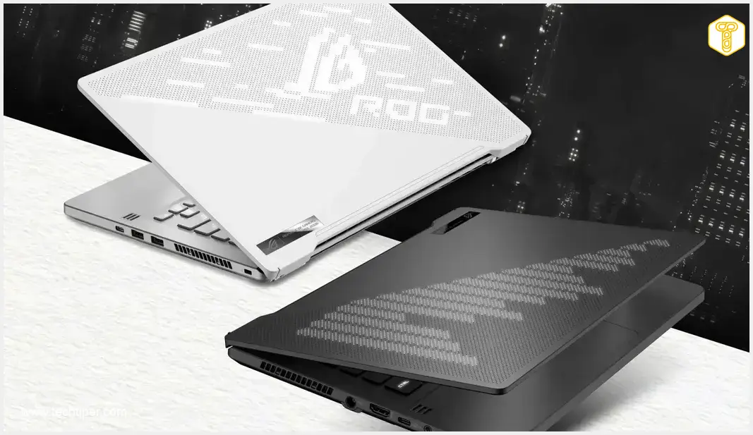 Image showing A high-angle shot of a sleek, modern ASUS ROG Zephyrus G14 laptop open on a clean desk. On one side, there are textbooks, a notebook, and a pen, symbolizing study. On the other side, a subtle gaming controller or headset can be seen, representing entertainment. The laptop screen displays a split image: one half shows a complex 3D rendering or video editing timeline, and the other half shows a vibrant, graphically intensive game. The overall mood is dynamic, illustrating the laptop's versatility for both productivity and leisure. Lighting is bright and even, highlighting the laptop's design and the various elements on the desk. The background is slightly blurred to keep focus on the laptop and its immediate surroundings.