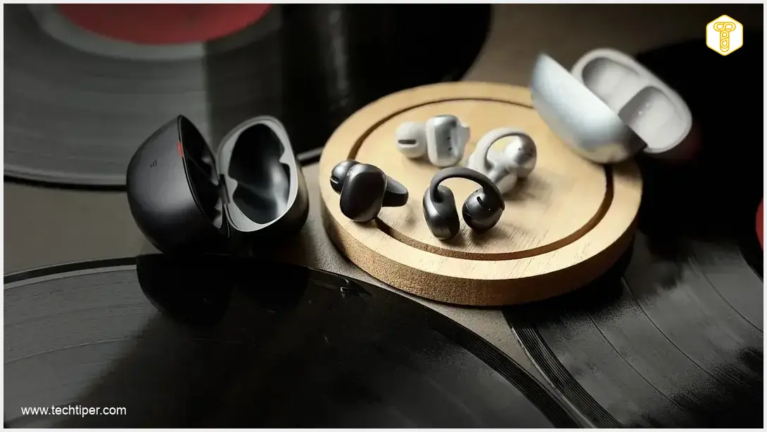 Image showing Shokz OpenDots headphones on ear in urban setting
