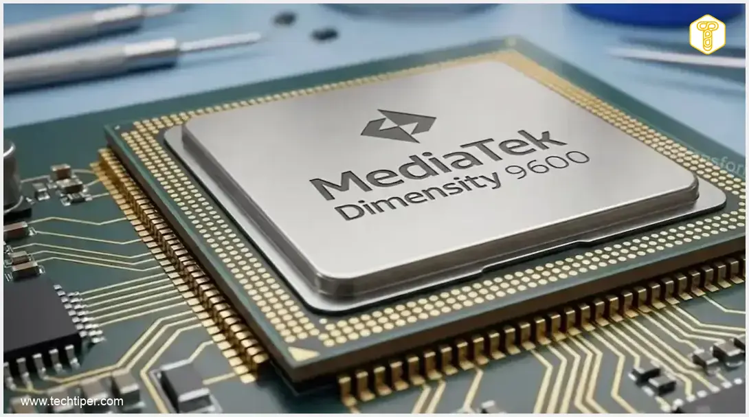 Image showing Futuristic close-up of a sophisticated smartphone processor with glowing blue lines, representing advanced technology and AI, against a blurred tech background.