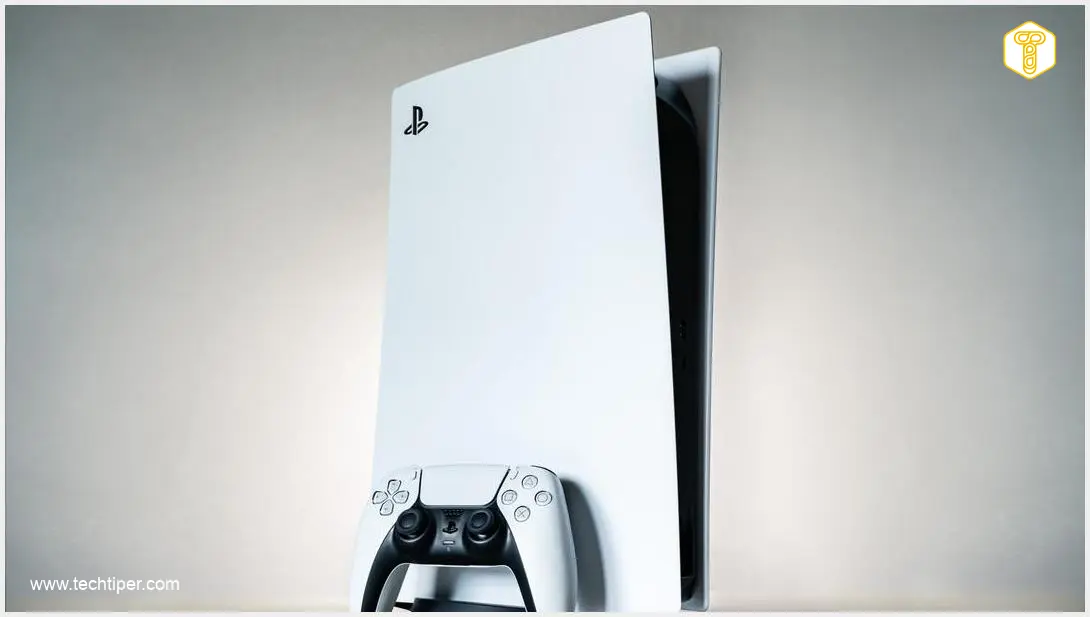 Image showing A PlayStation 5 console displaying live television content on its screen, set in a modern living room environment, showcasing the integration of gaming and TV streaming.