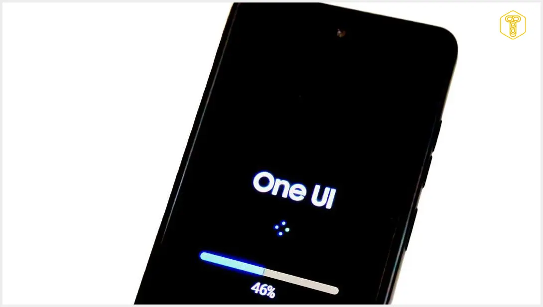 Image showing Samsung smartphone displaying One UI interface, with a blue background and subtle digital patterns indicating software development.