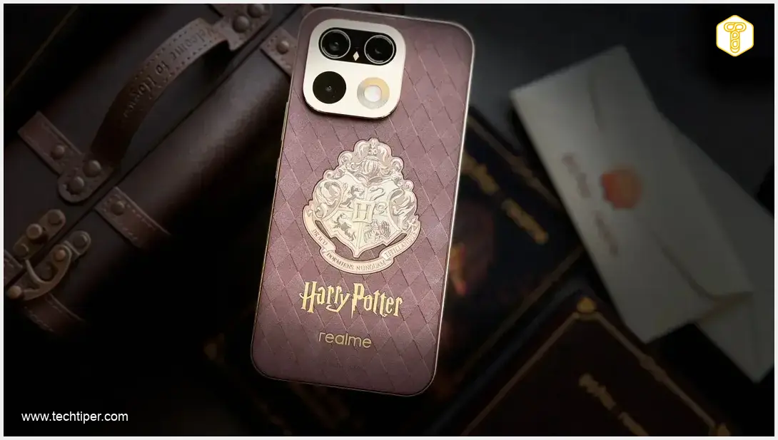 Image showing A highly detailed, magical smartphone design inspired by the Harry Potter universe, featuring Hogwarts motifs, golden accents, and a wizard chess board texture on the back, with an accompanying collector's trunk and magical artifacts.