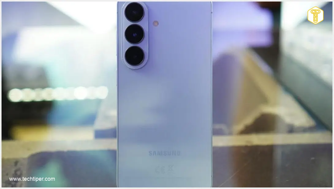 Image showing Futuristic Samsung Galaxy S27 smartphone concept with 8GB RAM text overlay, sleek design, glowing screen, technology, global memory market crisis, digital art