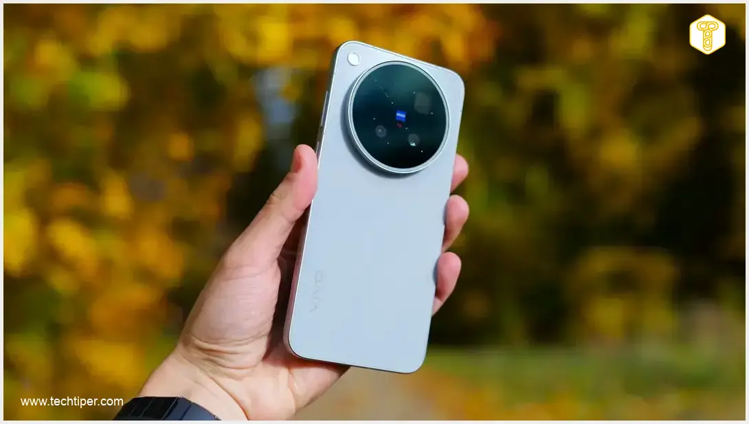 Image showing Vivo X500 Pro Max smartphone featuring its camera setup and sleek design on a dark background.
